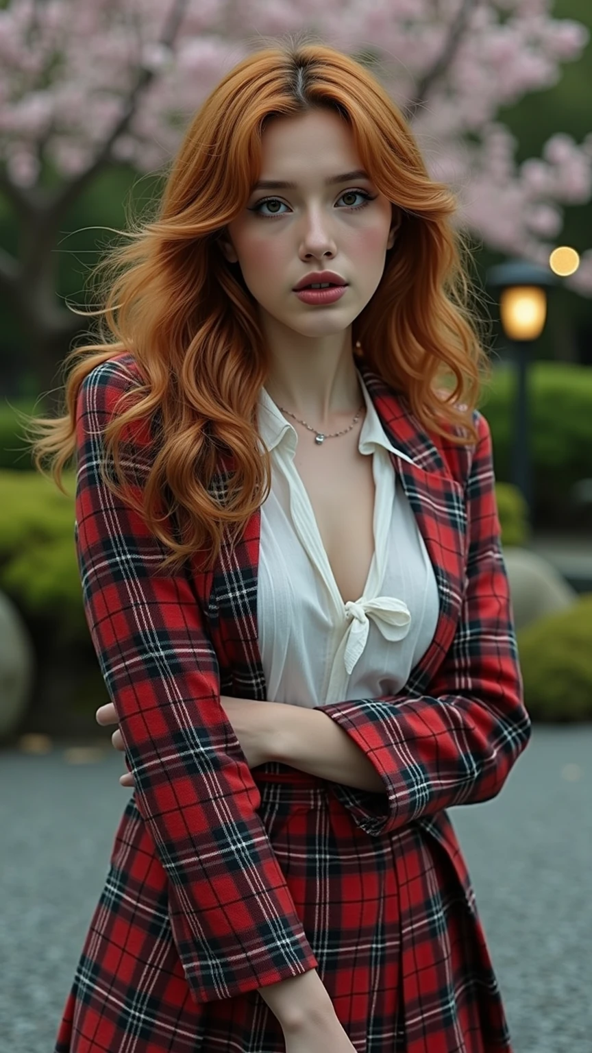 🌟: High-Fashion photography (8K Cinematic Shot)
Long side shot, Full-body shot from a moderate distance, kopf bis fuß, Fashion editorial head-to-toe shot, Full-figure photo
"Generic Anime High" - Zeitlose Karo-Uniform
Die Uniform zeigt ein klassisches rotes Karomuster auf grauem Grund, hergestellt aus einem robusten Stoffmix. Der Schnitt umfasst eine weiße Bluse, einen V-Ausschnitt-Pullover und einen Faltenrock. Ein einfacher Bandknoten am Kragen ist das einzige Accessoire. Das Design ist weit verbreitet und wiedererkennbar und schafft eine lebhafte und  Stimmung.
 💋"Looks like 'Bella' young, fresh, flirty – hourglass curves poured into silk, red hair, messy hair, smoldering smokey eyes, wild bedroom mane cascading over bare shoulders. Lips parted, daring you to stare." 
💃 Fashion editorial head-to-toe shot, dynamische posen, 
„Verlockende Beugung“ sinnliche Pose, canvas Pose, model lehnt mit verschränkten Armen an einer Laterne, die brüste werden angehoben – der Blick geht direkt in die Kamera, während das Dekolleté betont wird. perfect brest, big , perfact ass 
☯️ "Stein & Stille"
Ein perfekt arrangierter Kare-san-sui (Zen-Garten) mit fein gerechten Linien im Kies, umgeben von moosbewachsenen Felsen – ein Ort der absoluten Harmonie.
🌿 Zen-Oase
"Ein stiller Teich, umgeben von moosbewachsenen Steinen und zart flatternden Kirschblütenzweigen."
🎥 :
    Hasselblad H6D + 50mm f/2.8
    8K motion blur at 1/250s
    Dual lighting: Cold moon fill + warm city uplight
    Color grade: Teal shadows, cyan midtones, gold highlights

