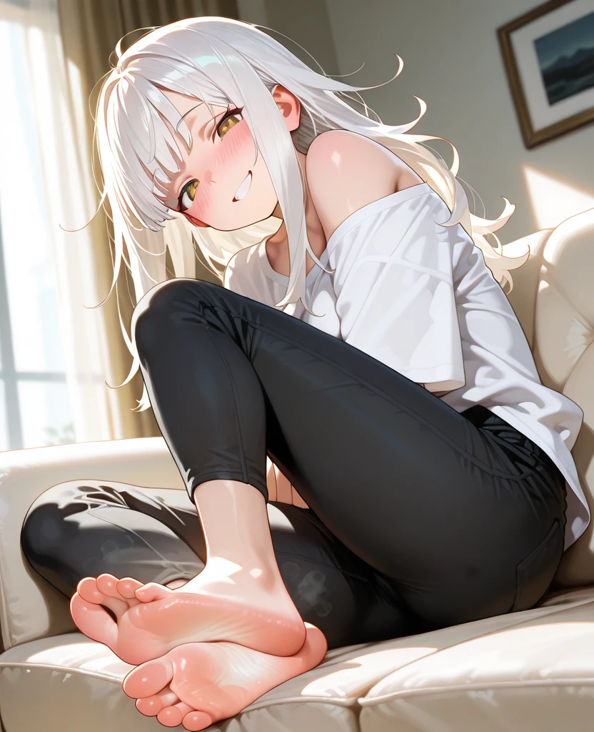 Female focus,black pants,smirking,white messy hair,masturbatingblushing,blue eyes,moaning,barefoot
