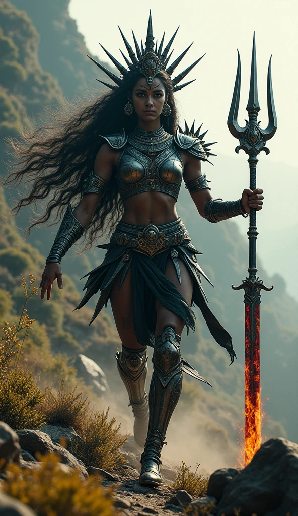masterpiece, best quality,adult, A full-body shot of a strikingly beautiful goddess of war, combining the dramatic, dynamic style of Frank Frazetta with the sensual, detailed artistry of Luis Royo. She stands in a powerful pose, her armor intricately designed with mythical motifs, blending ferocity and grace. The background is a chaotic battlefield bathed in otherworldly light, highlighting her commanding presen