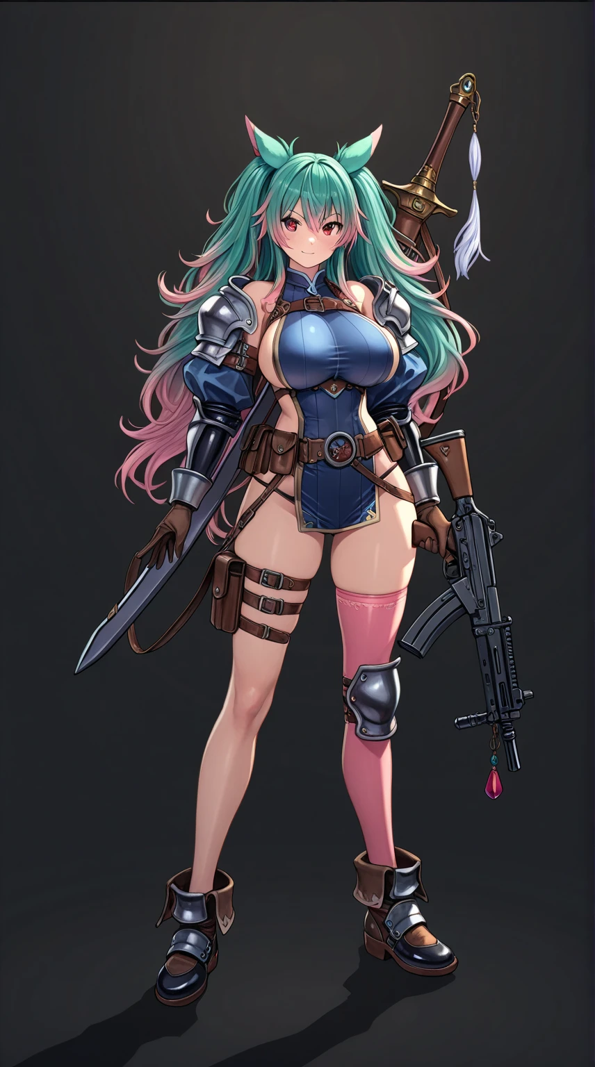 "(masterpiece:1.1), best quality, NSFW,
1girl, (80s anime style:1.3), (eyelashes:1.5), (loli:1.2),
(intricate high detailed body:1.2),
green hair, (blunt bangs:1.1), (medium hair, two side up:1.2), (headband:1.2),
green eyes, (lip stick:1.3),
(slim body:1.1), (gigantic breasts:1.3),
(angry, smile:1.2),
(see-through lace bikini armor, criss-cross halter:1.2), (mini skirt:1.2),
(knight armor, armored boots:1.2), (fur:1.1), (accessories:1.1), collar,
standing,
(dynamic pose:1.1), (full body, looking at viewer, from front:1.1),
(simple white background:1.2)"