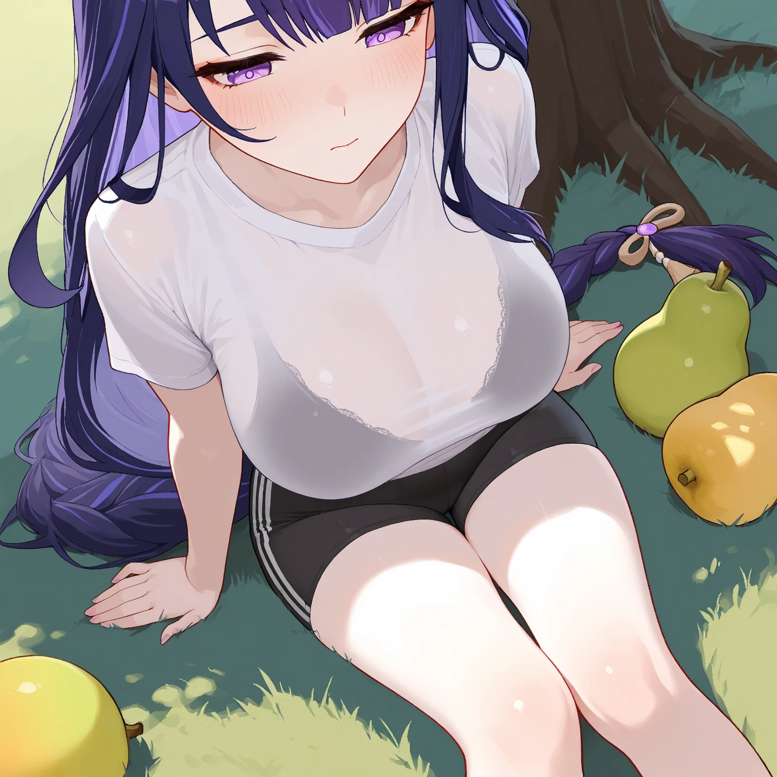 best quality, ​masterpiece, 2d, ​masterpiece, best quality, アニメ, Highly detailed, cowboy shot, whitedress, sleeveless, 1girls, soli, looking down at viewer, smil, Pony, Pupils in the form of star symbols, Heart-shaped pupils, Mid Chest,very huge breasts, purple hair, purple eyes, Pupils in the form of star symbols, Heart-shaped pupils,((flower field)), ((Flowers with the ultimate detail)), flower fielder bei Sonnenuntergang, (bloom), (shine), Glittering stars, stink, Natur,(sun light),8K, big , massive breasts, wide hips, massive hips, fat bare arms, wet, sweaty, tired, fat face, fat neck, double chin
