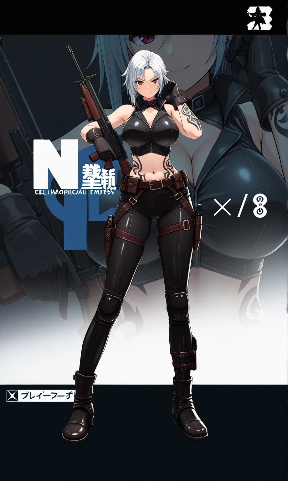 a girl,church, Internal, Multicolored Glass, mature woman, huge: 1.3, nun dress,kneeling,Photo photos,Unreal Engine 5 Realistic Rendering, exist《Genshin》Wearing Kamikawa, (cover comic magazine:1.6), game character, role player, 站exist京都城上, pretty face, arm tattoo,chest tattoo,Ace of spades,belly tattoo,body surreal,Thick muscles,super!! Types with bobelon, huge下垂, Body moisturized and shiny, purple short hair,双手放exist后面,Kneeling down in professional attire,Black heart,MILFs,black garters