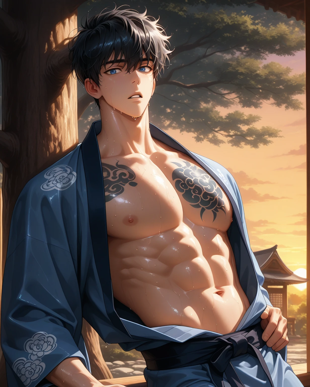 masterpiece, best quality, highres, muramasa, traditional Japanese shrine, solo, handsome, yellow eyes,