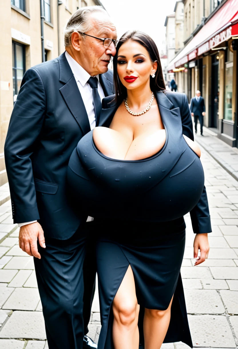 fine art portrait of a very elegant 30yo lady, voluptuous woman, curvy hourglass figure, walking in the crowded airport, accompanied by two female armed body guards, highest quality, sexy face high resolution, Monica Bellucci 30yo woman, wearing a very elegant red dress, no cleavage, high heels, woman with (extremely huge breasts:1.4), extremely beautiful lady