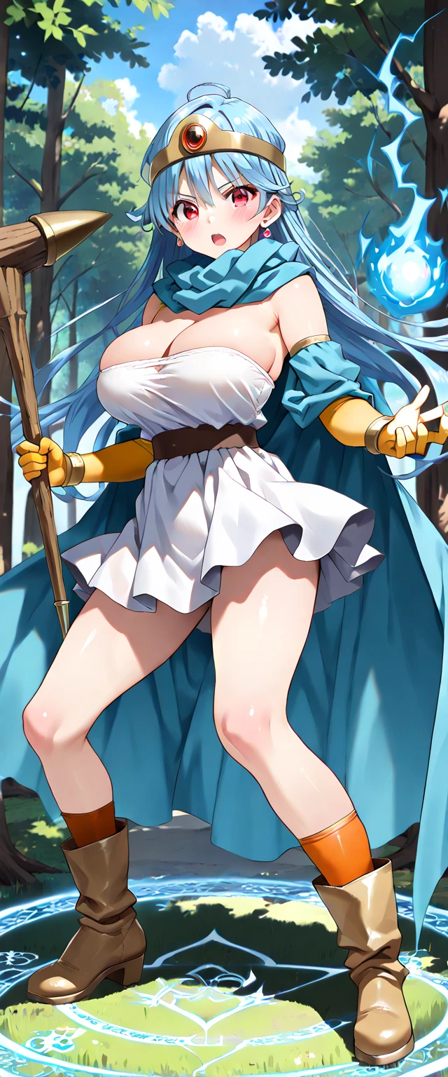 masterpiece, highest quality, Very detailed, figure, Sage_(dq3), One girl, (holding staff, staff:1.3), alone, Long Hair, Blue Hair, Circlet, Red eyes, big breasts, yellow gloves, White Dress, belt, Cape, boots, Cleavage, Exposing shoulders, underwear, Are standing, whole body, Grass, Wind lift, Simple Background, White Background