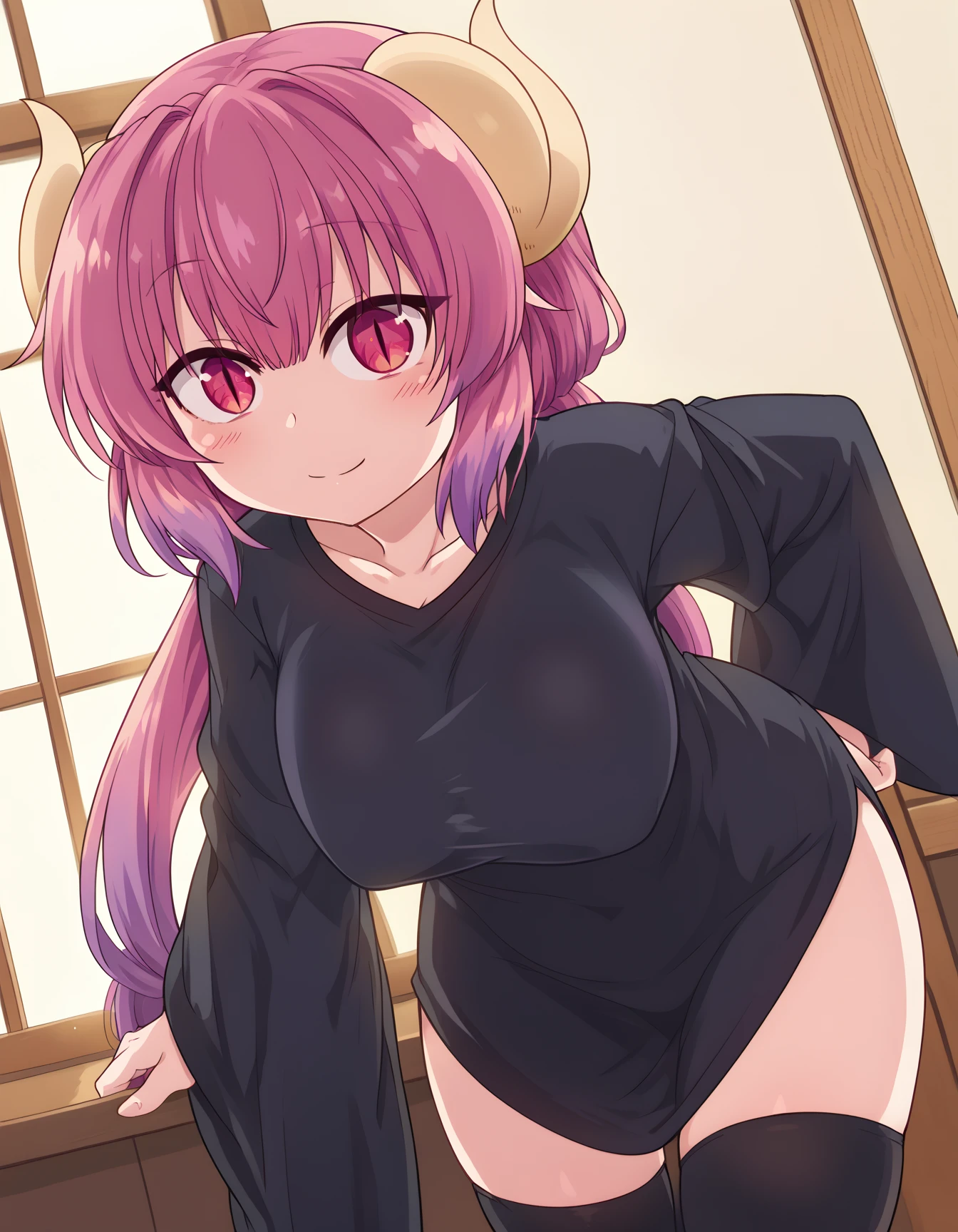 score_9, score_8_up, score_7_up, source_anime, dragonilulu, ilulu, curled horns, horns, long hair, multicolored hair, purple hair, red eyes, red hair, slit pupils, black shirt, long shirt, black thighhighs, collarbone, shirt, short sleeves, thighhighs, wide sleeves, zettai ryouiki, indoors, looking at viewer, cowboy shot, dutch angle, big breasts, cleavage, grabing breasts, grabing own breasts, bouncing breasts, blush, seductive smile