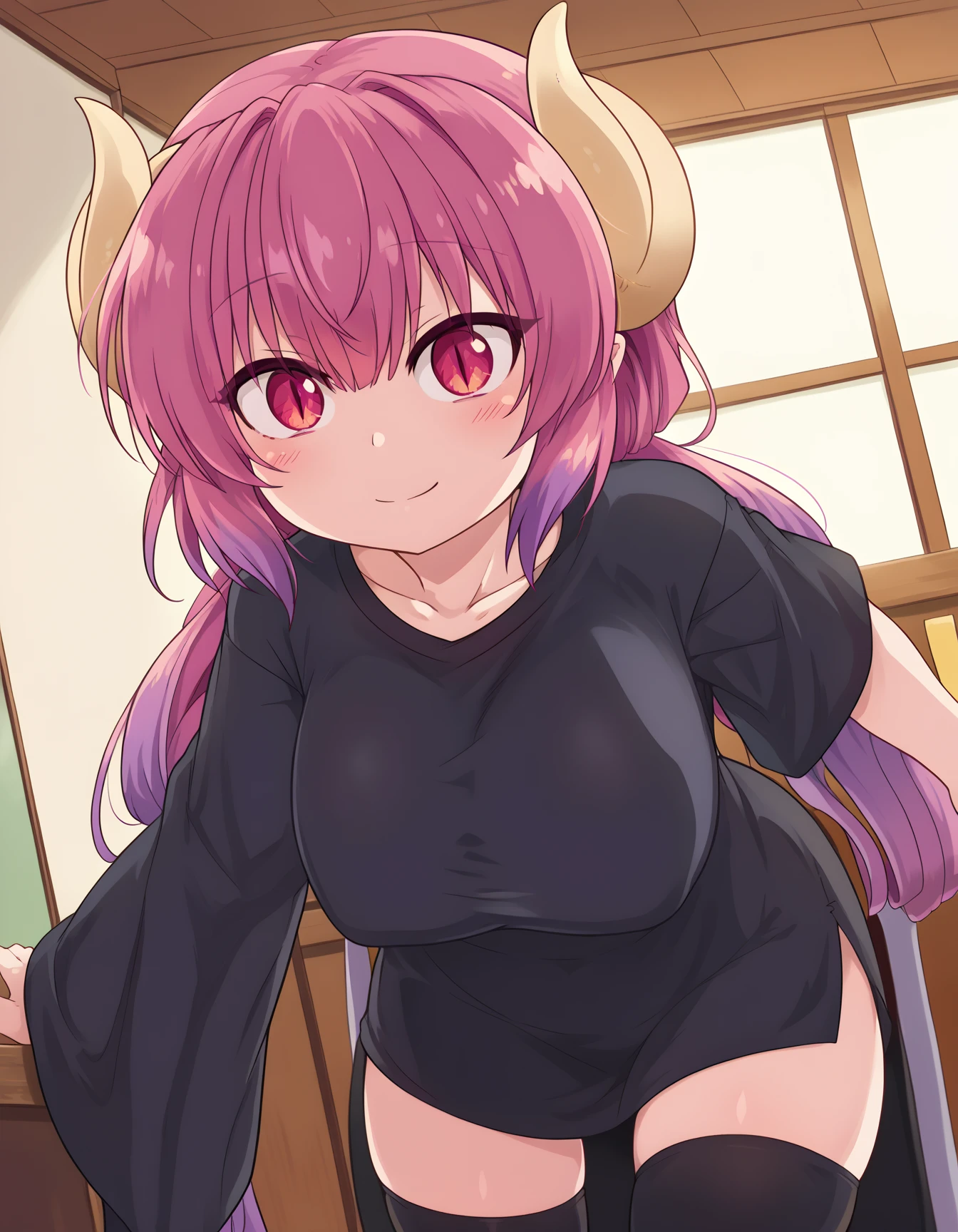 score_9, score_8_up, score_7_up, source_anime, anime screencap, no shirt, full body, smile ,large breasts, ilulu, dragon girl, long hair, pink hair, dragon horns, pointy ears, multicolored hair, red hair, bangs, slit pupils, naked, nude,
