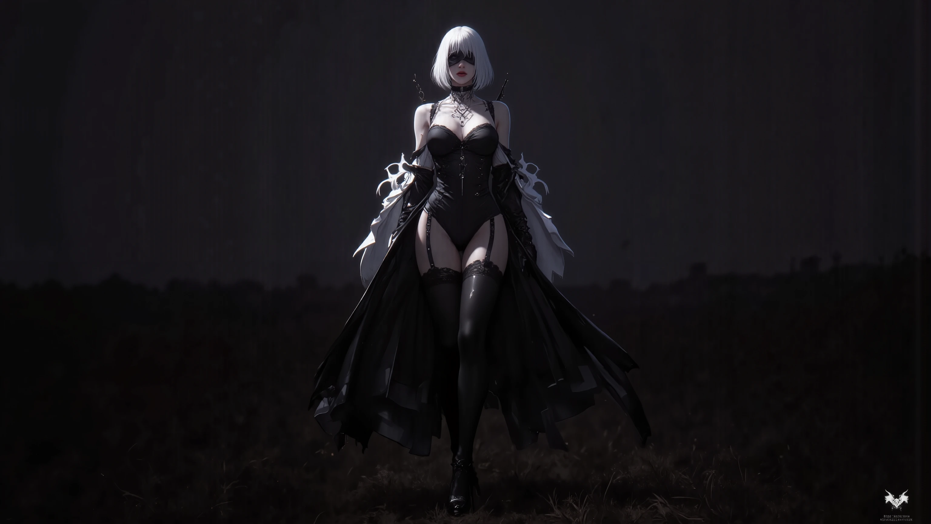 Girl, 20 years old, with long white hair down to below her waist, a serious yet tender expression, and red eyes. Her hair features black streaks. She wears antique-style clothing, a long black dress with a slit on the legs, and high black boots that almost reach her knees. Her power and background are related to shadows and darkness. dark escense, figth stance