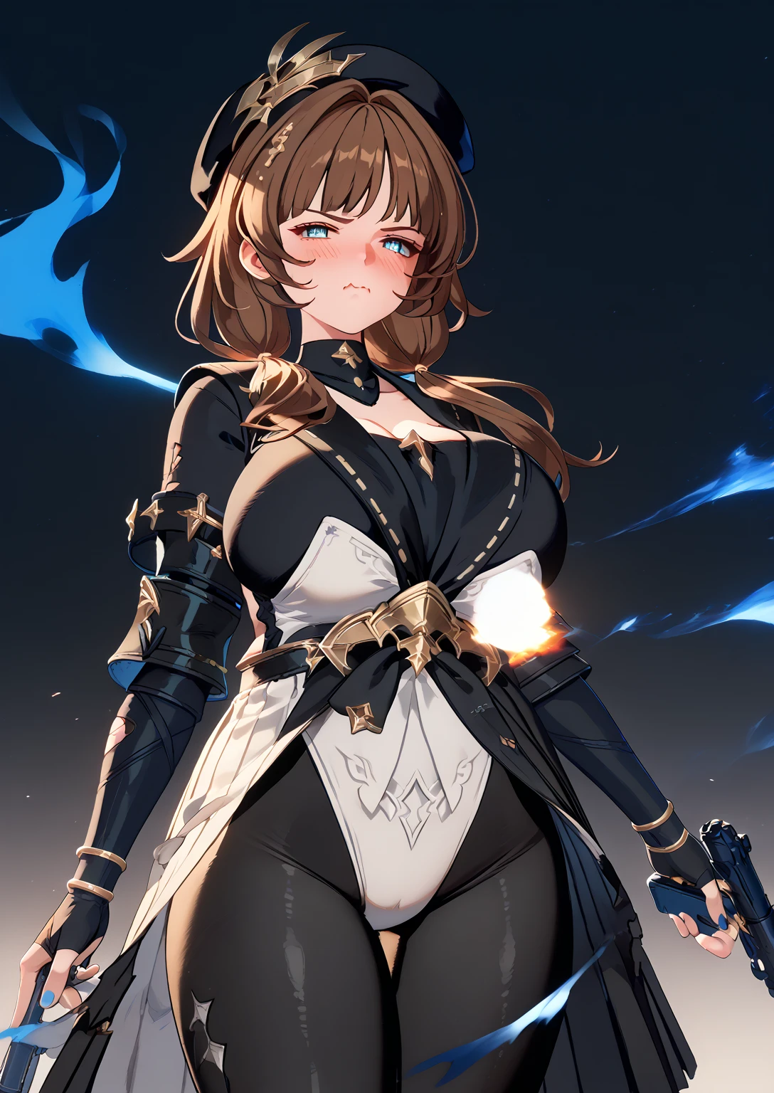 1 girl of normal height and slim build, White skin, with a neutral and indifferent facial expression looking straight ahead with seriousness, long brown hair, Brown eyes, big butt, very big breasts and underwear, but very tight, on a black background.