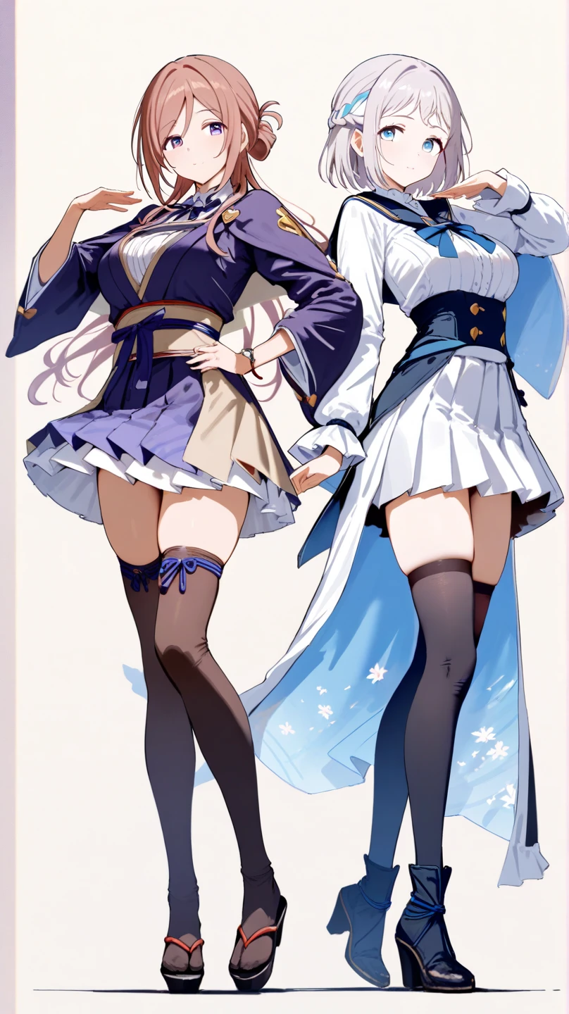 Realistic 3D anime style image of a dark-skinned woman wearing a long white hooded cloak ((covering her head up to her forehead)), ((cape and hood decorated with fine intricate details)), beautiful face, perfect beauty , detailed, symmetrical, two long strands of white hair on each side of the face, ((her blue eyes reflect the light of the stars)),(( beautiful eyes)) ((extremely detailed)), ((beautiful lips)),((well detailed full lips)), (perfect body), (voluptuous body) ,(((large breasts))),(a round silver medallion (with fine intricate details) tied to a silver chain hanging on her chest),(((narrow waist))),(((wide hips))) , (((thick thighs))),(long-sleeved white blouse), (qipao collar decorated with fine intricate details), (black gloves with cuffs) (decorated with fine intricate details), (short white skirt with a sash, (in the sash she wears a leather belt from which a silver dagger hangs),(( long white stockings covering her legs to the middle of her thighs)), (white ankle boots with flaps up to the knee), ((decorated with fine intricate details)). walking through a forest of wisteria trees, near a beautiful lake with crystal clear waters on a sunny day ((ground covered in beautiful blue flowers)), high quality image,extremely detailed, masterpiece, 8k resolution,