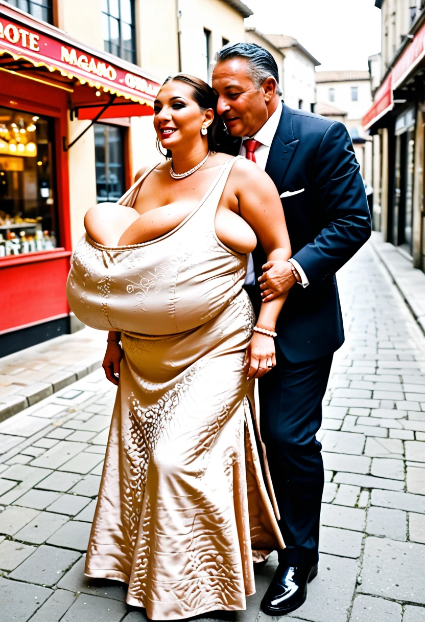 40yo masterpiece, (photorealistic:1.4), massive breasts, holding chalk, beautiful lighting, Woman 40yo Old Big Breasts Plus Size Model, full body image, wearing thigh highs and very tall platform pumps, at a bus stop, large black man standing behind the woman and grabbing her hips, she's biting her lip and looking nervously at the viewer, she has braided pigtails, lace choker, tiny sundress
