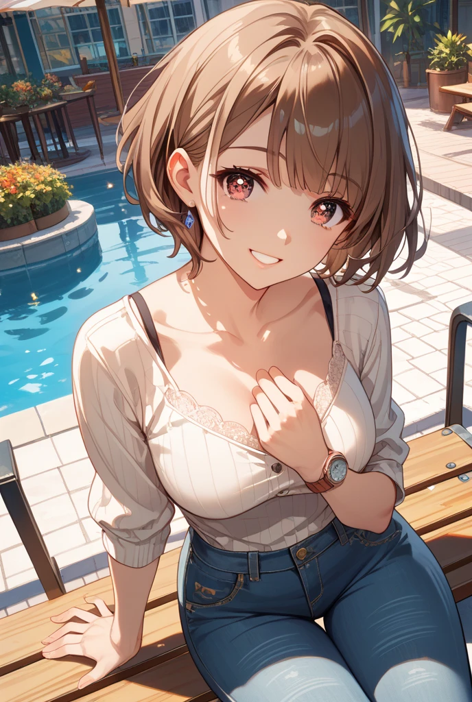 (Highest quality, High resolution, Masterpiece, 4K), (Soft light、Luster of hair、Beautiful eyes)、young woman、The whole body is visible、A begging smile ((Wavy medium short hair, bangs, Chestnut Hair)), ((Wistful eyes、Gray Eyes, Perfect Eyes)), ((Detailed face, blush:1.1)), ((Smooth texture:0.75, Realistic texture:0.65, Realistic:1.1, Anime CG Style)),Medium chest、A body with just the right amount of flesh、(Sexy thighs、I see beautiful legs)、Large chest tops、tight skirt with a slit、Keep your chest and legs close together、Cute Necklace、Earrings、Angle from the front、Peeking into this、Leaning forward、sit on the balcony fence、Pants in skirt visible、Angle from below