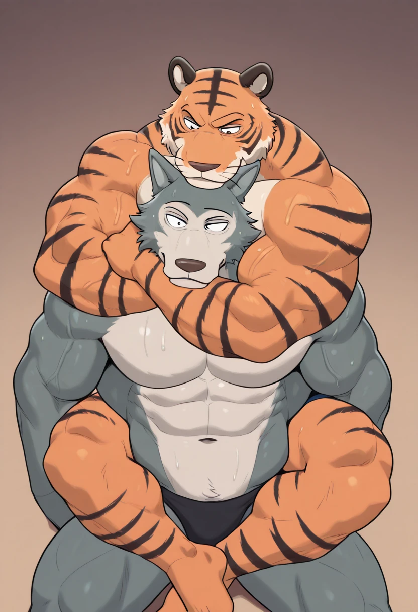 two muscular tiger , furry chest, muscular green tiger hug muscular tiger back, muscular green tiger stand behind, hug from behind, white background, perfect hand, perfect antomy, thick furry neck and chest fluff, hand behind head, kiss, hand into jock, side view, jock, having sex, by lindong, by nullghost