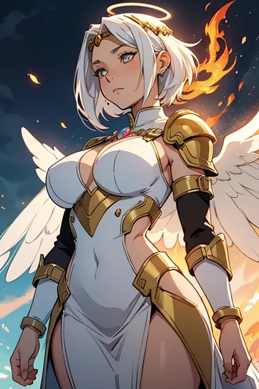 fantasy, 1angel_girl,young_, ,silver_hair, short_hair, long_bangs, halo,bare_shoulder,thighhighs,silver_armor, waist_armor, large_breasts,half_eyes,1pair_wings, dynamic_pose_fighting,floating, bare_crotch, headgear,gauntlet, greaves,city_background,slightly_spread_legs, solo, groin_naked,tan_skin,hair_over_one_eye,