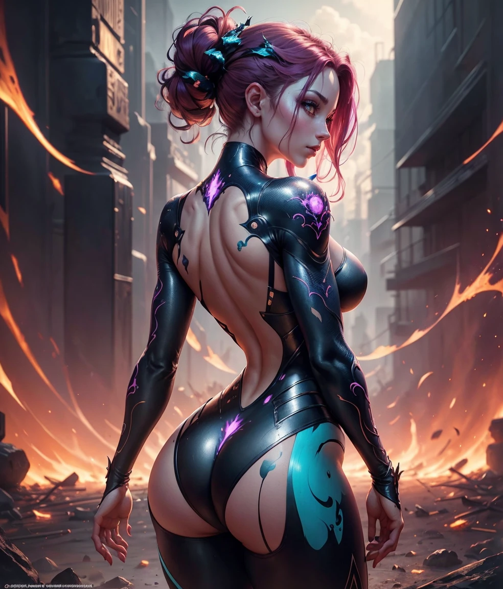 ((Best quality)), ((masterpiece)), (detailed: 1.4), (Absurd), Hot woman fighter pilot ready for war, (((back))), (((perfect ass))), dark skin, (((flash dc comics)))), lightning and lightning, muscular sculptural body defined, (((full body))), half-thick naked thighs, closed mouth, muscular body covered in technological clothing, Neon Genesis Evangelion style, cyberpunk, generous neckline, ((perfect medium breasts)), (black eyes without pupils), ((totally dark green clothing with red rays)), ((((short straight light red hair with heavy bangs on the forehead)))), long and black eyelashes heavy makeup, garter belt, by mucha, niji --V5, close to real, psychopath, crazy face, sexy pose, red and white background, 2 piece clothing, pastel, centered, scale to fit the dimensions, HDR (High Dynamic Range), Ray Tracing,NVIDIA RTX,Super-Resolution,Unreal 5,Subsurface Dispersion, PBR Texture, Post-processing, Anisotropic Filtering, Depth of Field, Maximum Clarity and Sharpness, Multilayer Textures, Albedo and Specular Maps, Surface Shading, Accurate Simulation of Light-Material Interaction, Perfect Proportions, Octane Render, Two-Tone Lighting, Wide Aperture, Low ISO, White Balance, Rule of Thirds, 8K RAW, Crysisnanosuit