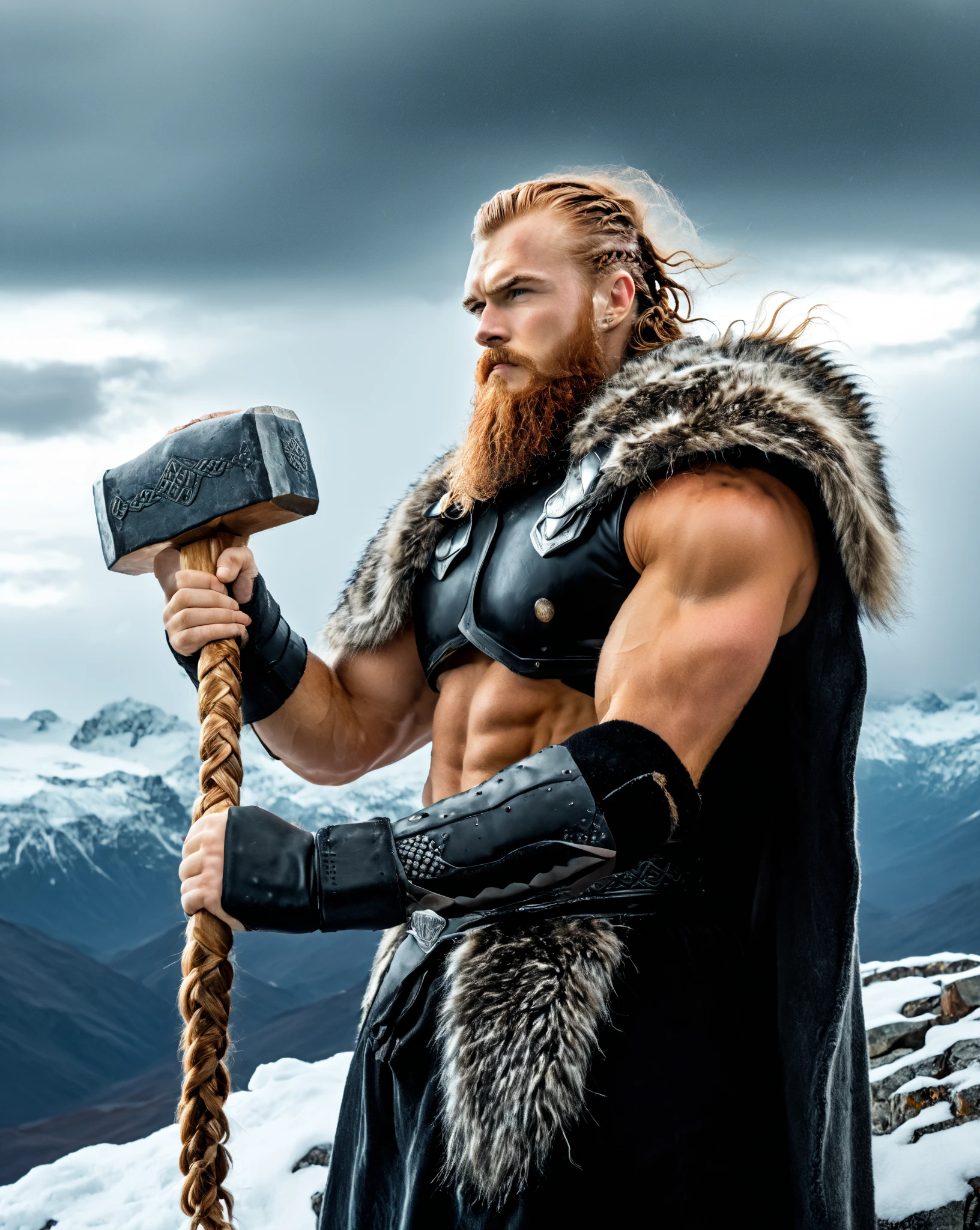 (viking:1.2,giant:1.1,bodybuilder:1.1)dark beard,strong muscular physique,full body character,snow mountain in background,illustration,ultra-detailed,strong character presence,highres,physically-based rendering,sturdy posture,heavy oak weapon,basic fur clothing,thick armor plates,huge muscular arms,imposing appearance,grim expression,cold winter colors,sharp focus,studio lighting