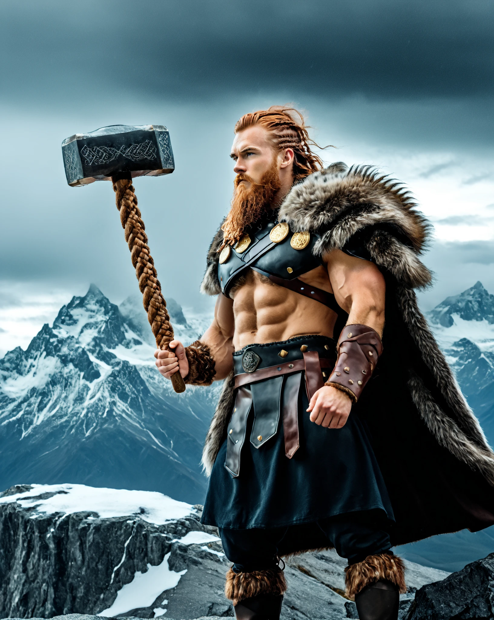 (best quality,4k,8k,highres,masterpiece:1.2),ultra-detailed,(realistic,photorealistic,photo-realistic:1.37),viking warrior in armor,posing dramatically,looking powerful and confident,strong facial features,bearded,holding a sword,ominous atmosphere,dramatic lighting,metallic armor gleaming in the light,detailed engravings on the armor,strong and muscular physique,exuding strength and dominance,harsh and cold color palette,eerie mist surrounding the viking warrior,standing on a barren landscape,wind blowing through his hair,battle scars on his face and body,majestic horned helmet,sculpted and weathered armor.