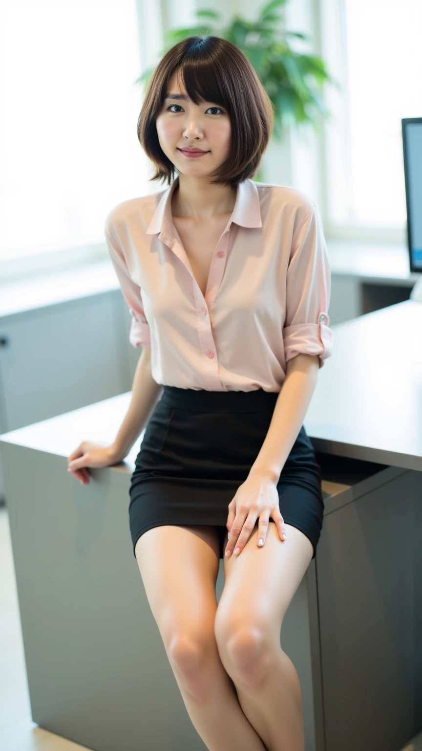 extremely detailed CG unity 8k wallpaper, best quality, ultra-detailed, masterpiece, realistic, photo realistic, extremely detailed cute girl, 20years old, (secretary), blush, parted lips, pencil Skirt ,on the desk , () ,(showing panties) , dy shot , office