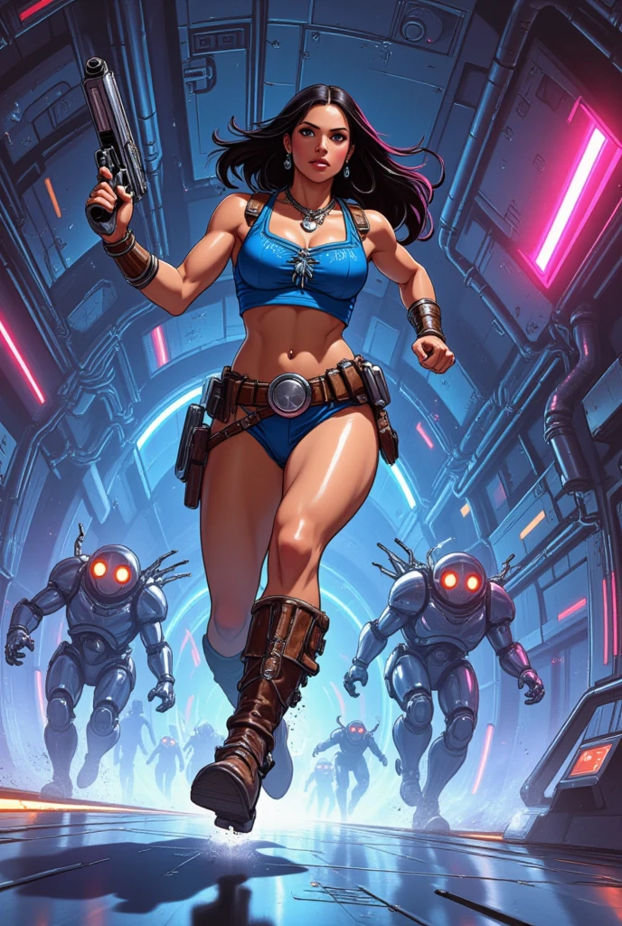 (((nsfw, SCI-FI, pele escura, desenho de linha, aquarela, seios muito grandes, seios enormes))), uma nsfw arte de personagem HD, personagem mulher negra do jogo Borderlands, cabelo preto preso em um longo rabo de cavalo e ondulado com reflexos azuis, verde olhos, em uma pose dinamica de combate, pronta para enfrentar seus inimigos, behind her a futuristic desert, personagem NAKED do jogo Borderlands. Esta imagem de alta qualidade, renderizada em 8K Ultra HD, mostra detalhes intrincados da cena. obra-prima aprimorada digitalmente ou pintada com requinte, scientific fiction, fronteiras, postura ativa, estilo de quadrinhos