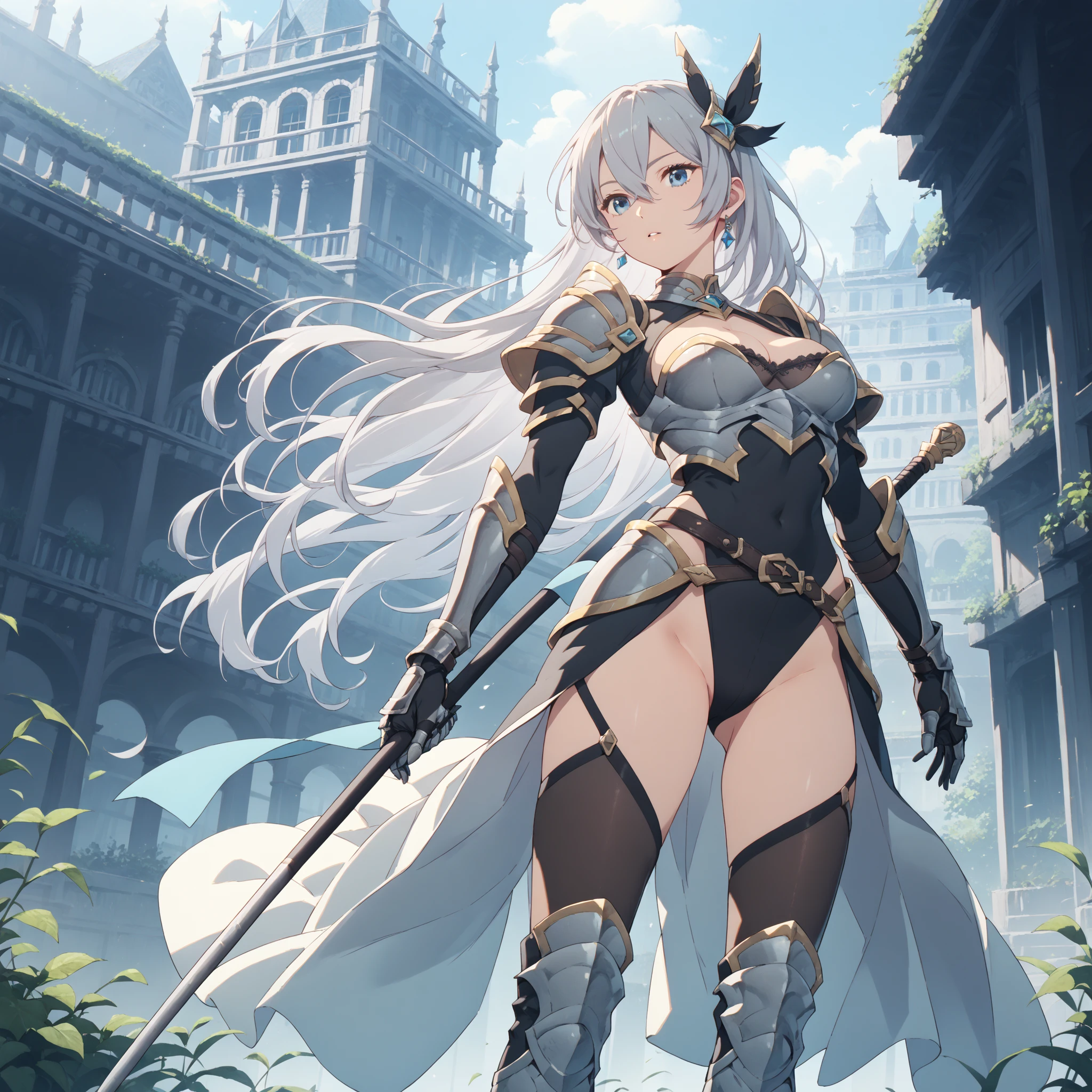 Woman knight、a beauty girl、huge tit、Excellent style、Nice Buddy、glamorous、leotard、s Armor、Bra chest armor、knee boots、gauntlets、hair adornments、silber hair、Longhaire、Ahoge、a medieval castle、is standing、full body seen、Outside the castle、natta、a smile、slightly open mouth