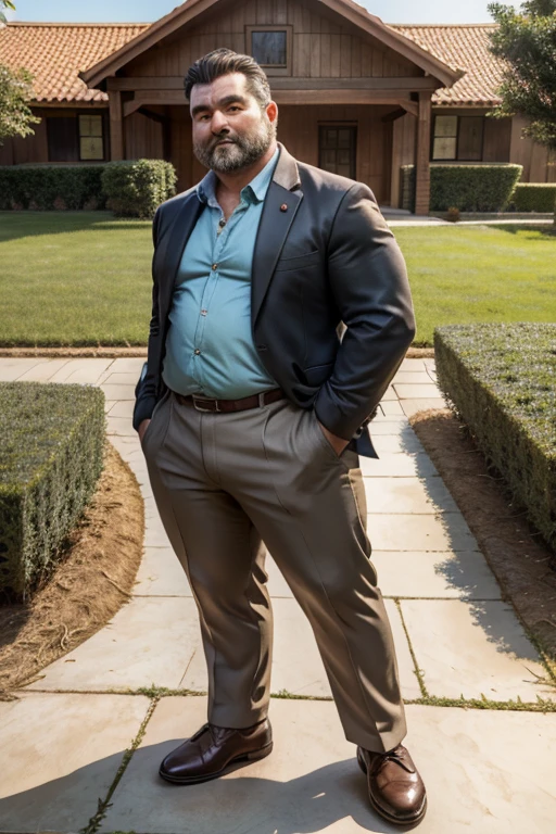 crew cut, (((full body))), mature man, [slightly fat], asian man, brown eyes, rounded face, glasses, slightly balding, (big shoulders), (((stubbles, Short beard))), (((full beard))), (Beautiful eyes:1.3), (Detailed face:1.3), lip smile, white shirt, photoshoot with a stone dragon statue, a stone wall background, amusement park,