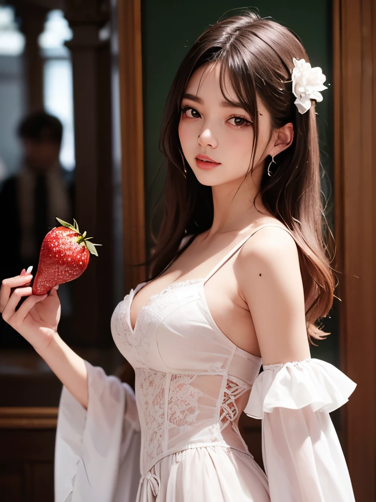 (超High resolution, masterpiece, Anatomically correct, Textured skin, Super Detail, Highest quality, High resolution, 8k, bloom, Front light:1.2, Perfect dynamic composition), ((24-years-old, Cute and sexy Snow White and the Seven Dwarfs)), (Sexy Face, Long face, Distant eyes, Gentle eyelids, Thin eyebrows, Gentle corner of the eye, Hawk-like nose), (Gal Makeup:1.5), (eyeliner), (Totally captivates you), (Eyes that feel erotic), (A taste of beautiful eroticism), (Too cute beauty), (Dark blonde hair), (Short Hair, Straight Hair, bangs, Smooth Hair), ((Snow White Costume:1.25)), ((Soft long skirt:1.4)), ((Gorgeous carved wooden bed)), ((Extreme close up:1.25)), ((Keiko Kitagawa:1.0)), ((Ample breasts G-cup breasts)), ((Cleavage)), ((Lie on your back in bed:1.5)), ((holding an apple in one hand:1.2))