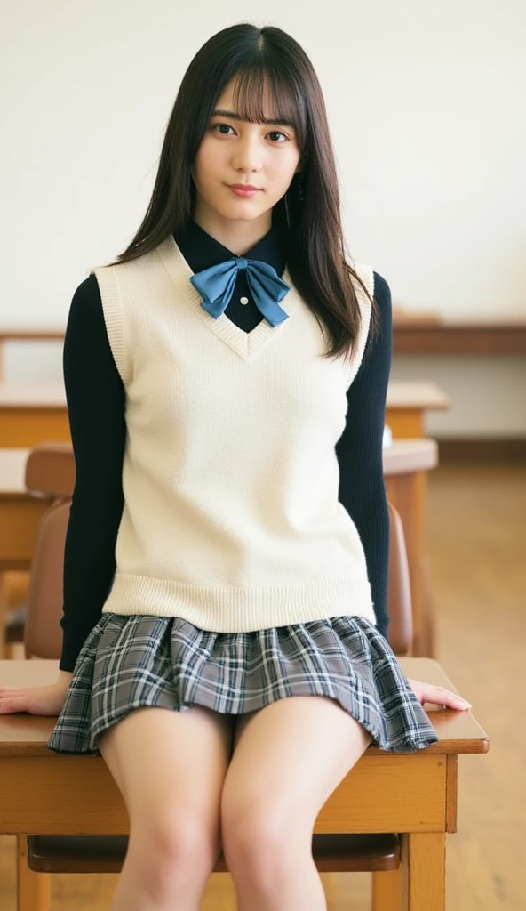 Best-quality, Masterpiece, Ultra-High-Resolution, (Photorealistic:1.4), Raw-Photo, depth of field, professional-lighting, from below, cowboy-shot, 1girl, 15-years-old, the most famous Japanese idol, running up at school stairway, solo, wearing white panties under navy-blue pleated skirt on lower-body, wearing white-blouse under red sweater-vest, blush, looking back, (extremely cute face, ((extremely cute and extremely big eyes)), extremely cute hairstyle, realistic-skins), childish-body, detailed bicycle, detailed navy-blue-pleated-skirt, detailed red-sweater-vest, detailed brown-loafers
