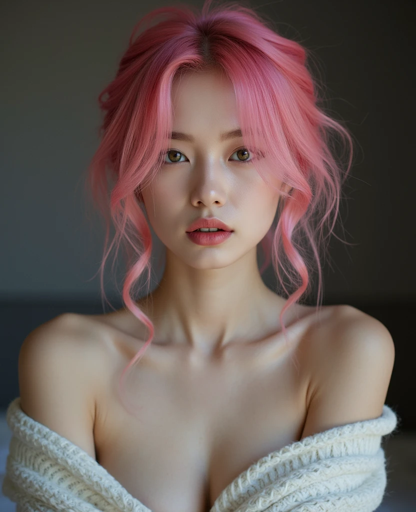  young woman sexy 18 years old,  hair also normal pink, and leaflets tight pink sweatshirt with neckline,     pink leggings, medium size butt, medium sized breasts, defined waist,  thick thighs , olhos azuis , sexy , 