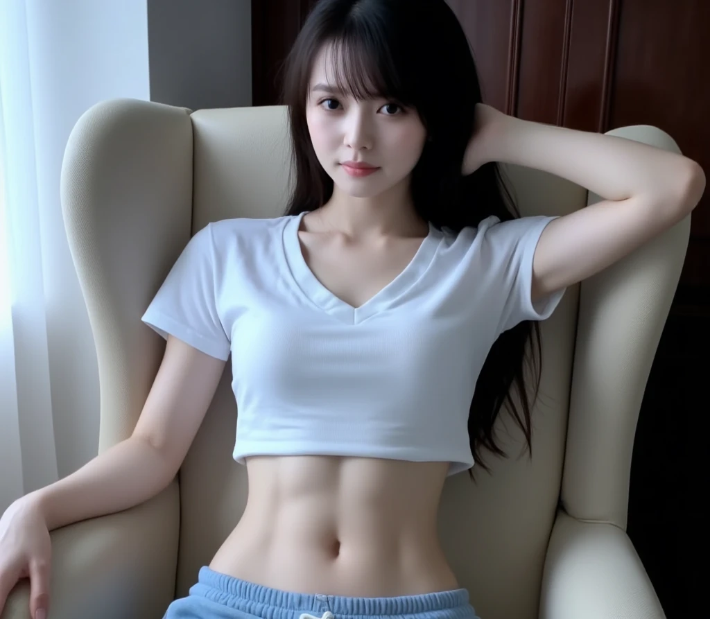 Surreal 8K CG,perfect faces,Impeccable perfection,ren,tmasterpiece,professional artwork,famous artwork,Innocent 14-year-old girl、((Wear a sleeveless T-shirt)、Wear small panties、Sitting in the room、A Smile、Raw foto, (8K、Top Quality、masterpiece:1.2)、(delicate detail:1.4)、(Photorealcitic:1.4)、octan render、Complex 3D rendering, Ultra-detail, Studio Soft Light (Studio Soft Light) , Rim Light, vibrant details, Super detailing, Realistic Skin Textures, Detail Face, Beautiful detail eyes, Highly detailed CG Unity 16k wallpapers, Makeup-, (detailed background:1.2), shinny skin、turned around、exposed thighs!!!,Sorrisos, Wave hair, Spread your legs
