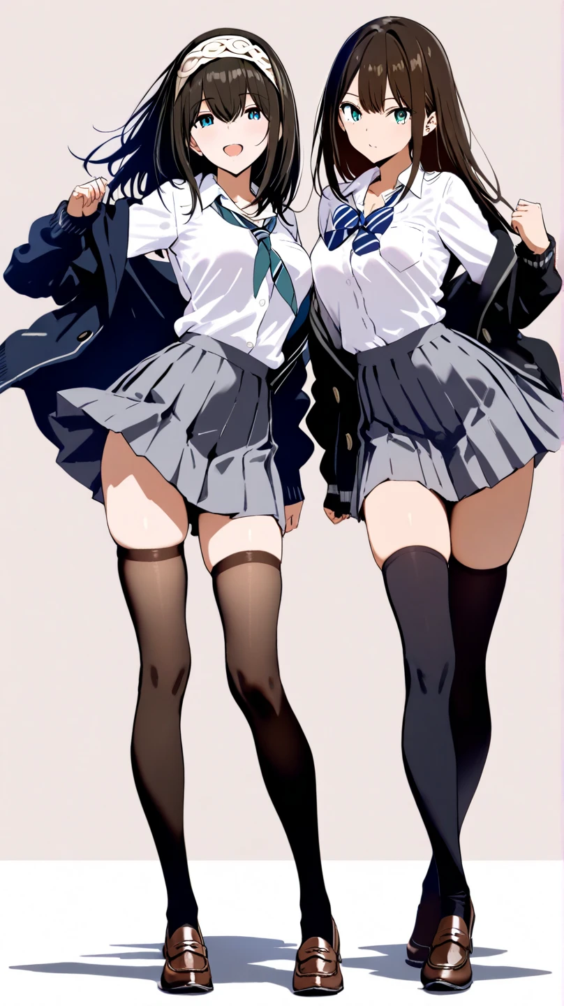 ((Highest quality)), ((masterpiece)), (High resolution), 8k, Best Shadow, The best natural light, Cinematic, (Two adult women climbing the stairs side by side), (Brown Hair,)、Looking back, bashful、Sailor collar、Fashionable white shirt、Sailor suit、Navy Pleated Skirt、(Navy blue socks)、((Rear view))、Angle from the rear, Navy blue socksにクローズアップ、Manga panel layout、Cartoon style、Manga Design、Station stairs、On the way to school, (The wind is blowing up from the ground, flipping up her skirt and revealing her panties:1.4), Stylish black and white striped satin panties, Slender body,Beautiful thighs, Embarrassed look, Iori, Perfect lighting, Perfect Shadow, Exact number of arms, Exact number of legs, Perfect Anatomy, Exact finger count、Exact number of legs、(Exact number of arms:1.0, Exact number of hands:1.0), (Perfect hands, Perfect Anatomy)