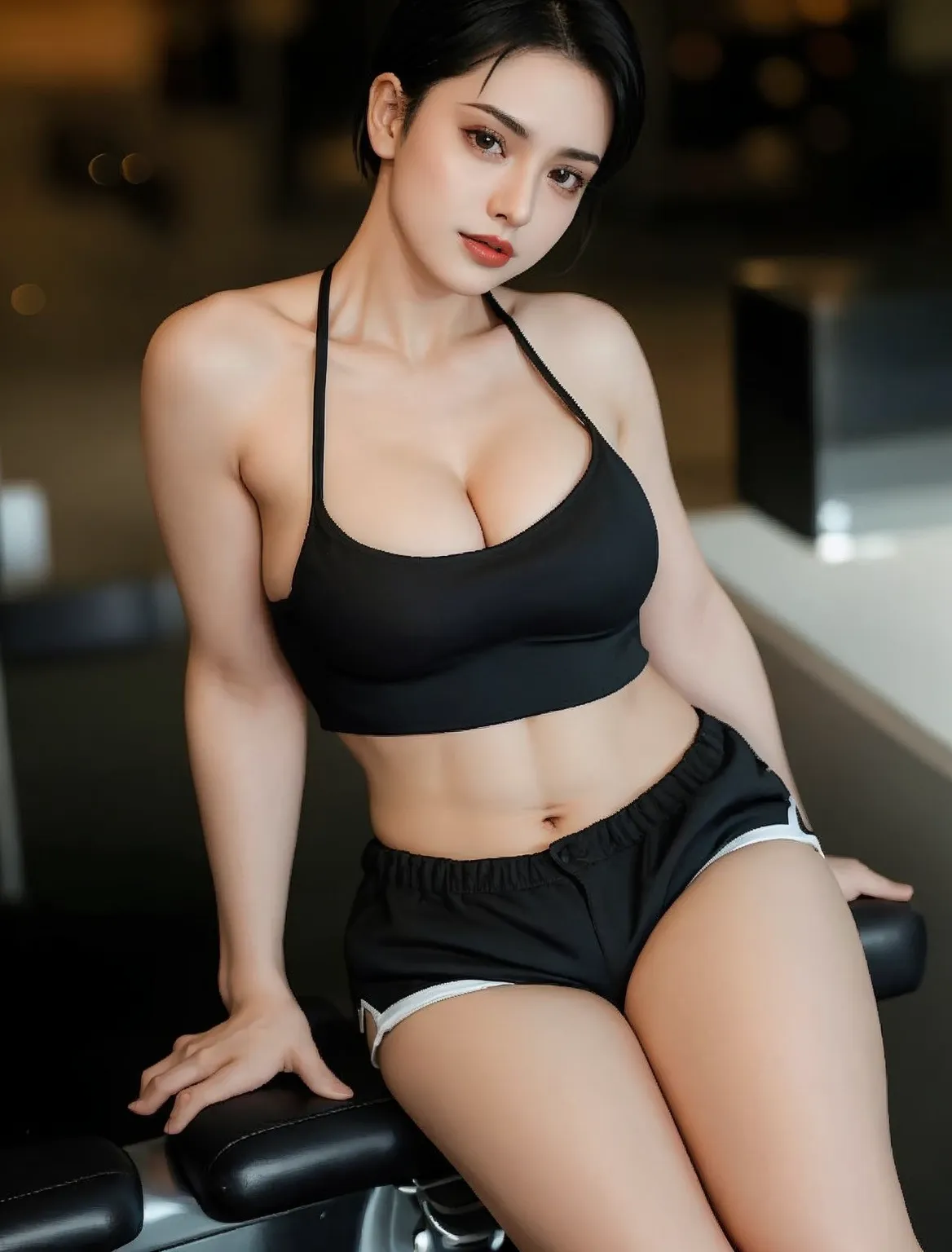 Close-up shot of beautiful korean female, 38 inch chest size, red hair, glasses, wearing gray thin-strapped tanktop with deep side cuts, and light gray underwear, sweat glistening on her body, star shape necklace, kneeling in front of the camping fire, night, UHD, realistic, masterpiece, camera leica, ray tracing