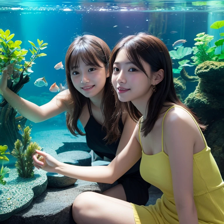 A imagem mostra um jovem casal,Take a photo inside the giant aquarium tunnel。Homem vestindo camiseta branca simples,The woman is wearing a white off-shoulder blouse and jeans,Os dois sorriram,mulher encostada no homem,appear intimate and happy。Behind them is a blue ocean world,including a giant dolphin swimming gracefully above the tunnel,There are several other sea creatures swimming in the blue waters。The whole scene is full of wonderful and romantic atmosphere。