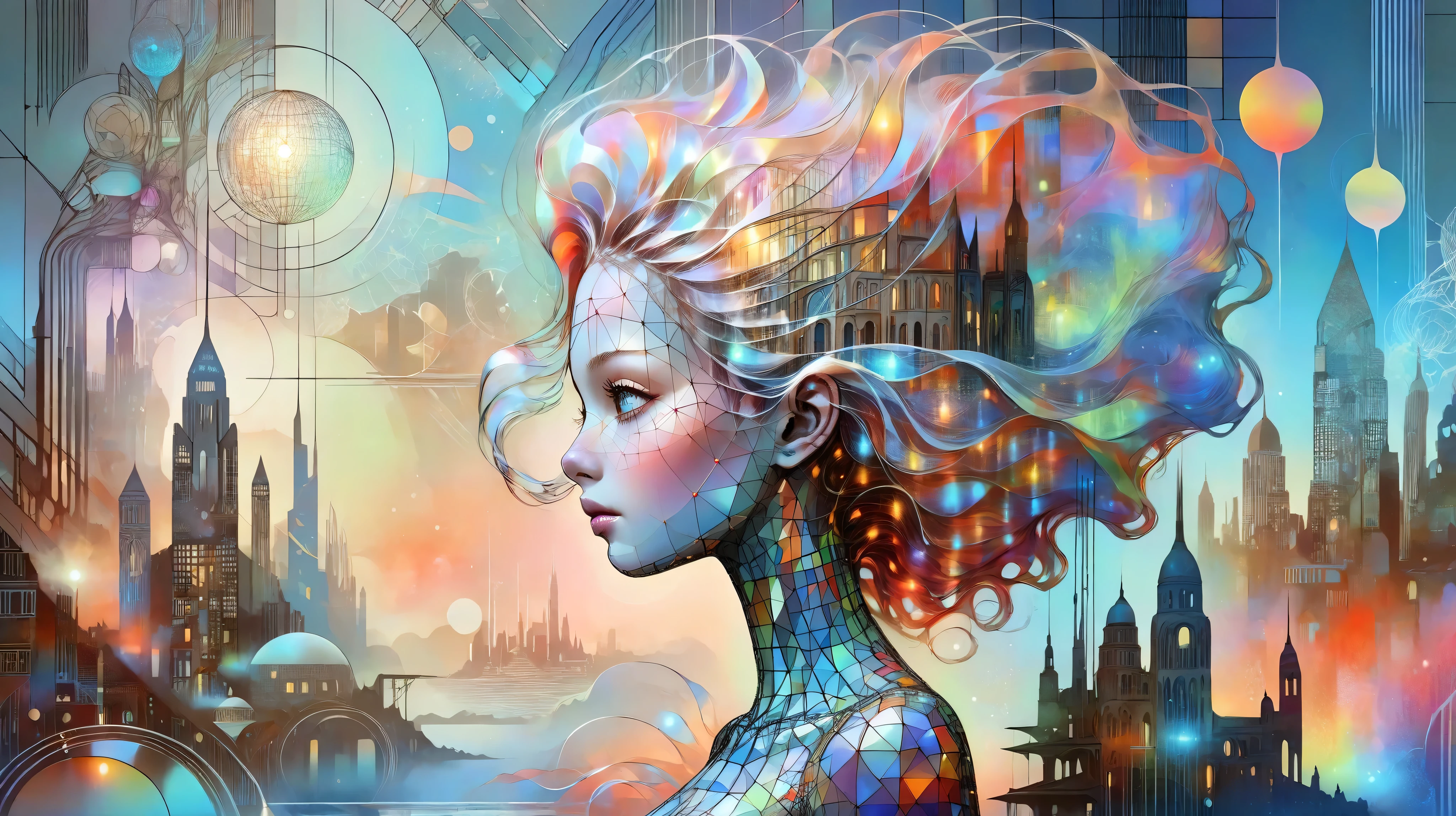 Picture a surreal female profile transforming into a futuristic cityscape, blending fantasy elements with a touch of the surreal. The image is highly detailed, inspired by the works of Catrin Welz-Stein, featuring a delicate balance between human and architectural forms. The buildings seem to emerge organically from her silhouette, merging seamlessly into her flowing hair. The color palette is a blend of soft pastels and vibrant metallics, creating an atmospheric effect. The lighting is ethereal, casting a soft glow on the scene, enhancing the surreal nature of the composition.