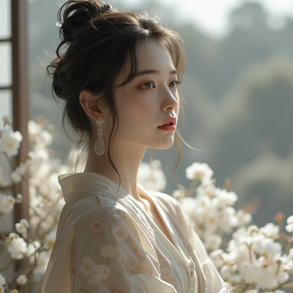 there is a woman that is sitting down with a flower, white hanfu, sakimichan, 中 元 节, soft portrait shot 8 k, inspired by Huang Ji, jingna zhang, pale milky white porcelain skin, ethereal beauty, inspired by Tang Yifen, guweiz, xintong chen, cai xukun