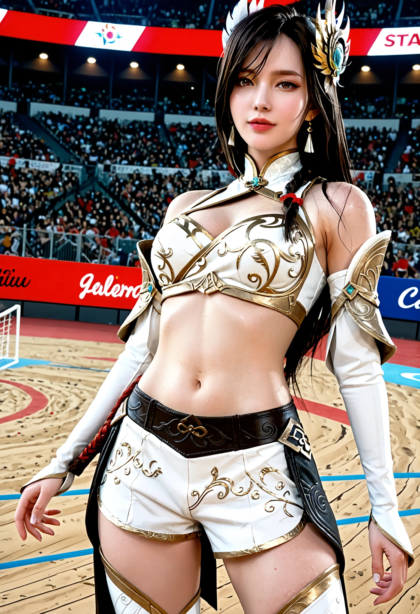 8k ultra hd, photorealistic, hyperdetailed, 3d rendered,  masterpiece, puan_9, puan_8_ up , puan_7_ up , puan_6_ up ,  break , IreliaDivineSPXL, 1girl, korean, basketbolcu, mavi eyes, The face of Claire Farron from Final Fantasy XIII, shenhe's jaw, mavi saç, long hair,  horsetail, patlama, hair ornament, medium göğüsler, bare shoulders, cleavage, white bra , atletik, strong , abdominal cleavage, separated sleeves,  white sleeves , short shorts , solo,  front view, naughty face, solo focus, looks at the audience, vadi