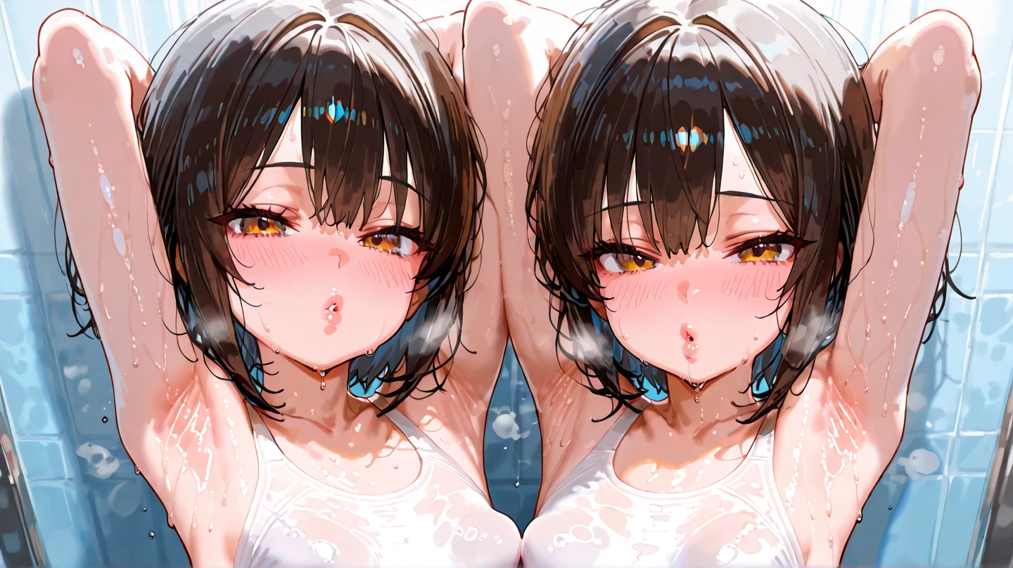 nsfw,(2girls:1.3),duo,pov,From above,Kneeling,masterpiece,best quality,very aesthetic,absurdres,side by side,lineup,(face focus),(assertive_female),(cheek_press)