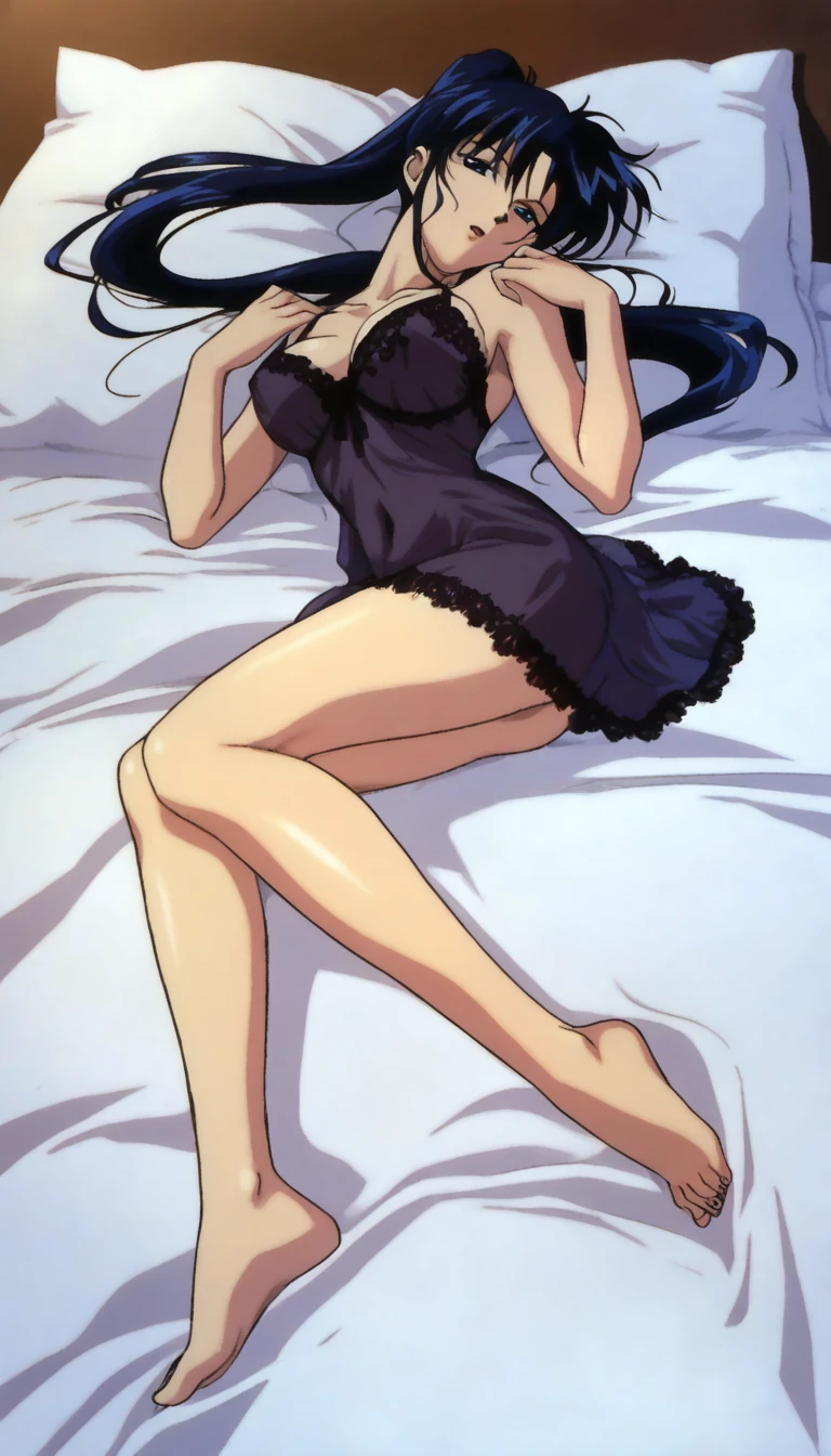 masterpiece, Highest quality), (High resolution, detailed,retina),Fine graitomically correct,Accurate drawing,detailed図,Sense of luxury, anime, kodachi kuno, Flat Shading, break, alone: 1.2, White bra, (Side Ponytail、Disheveled Hair, Voluminous Hair), (Beautiful thighs: 1.0), Sleep on your back, Pink tones bedroom, Big Breasts、Large Breasts、Broad shoulders、I can see your belly button、Dark Eyes、barefoot、Spread your legs、White panties、Angle from directly above,One Girl