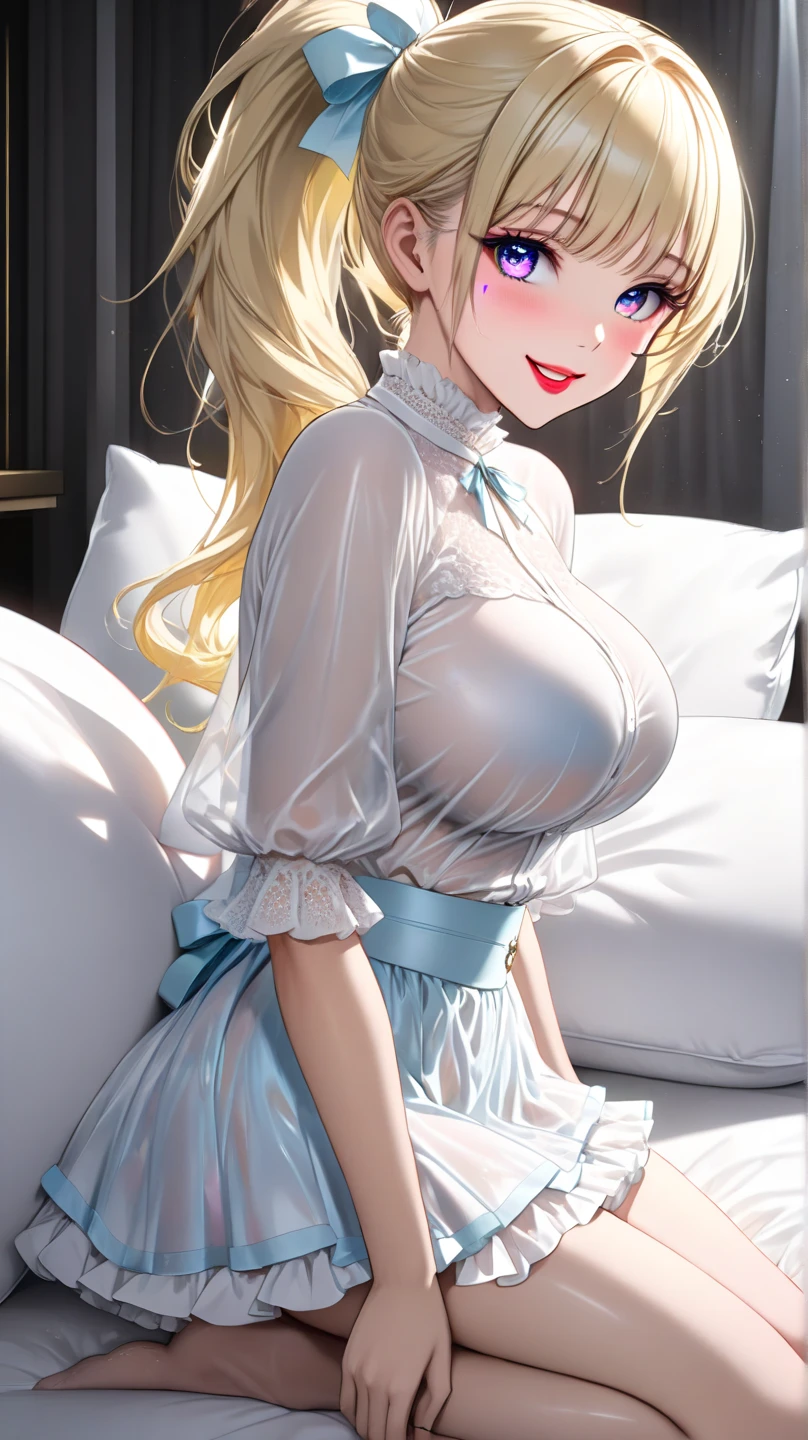 (Close Shot, Best Quality:1.5, hight resolution, nffsw, 4K, Detailed Lighting, shaded blonde straight hair, White princess dress, thighs thighs thighs thighs, Stockings, Smiling, Bedroom background, tiarra