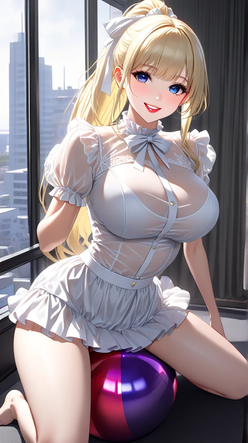 Young and beautiful Kathryn Newton, Glasses, White dress shirt, Very deep neckline, Black Mini Dress, Dark pantyhose, Surreal, , Model figure, Large Breasts, Beautiful breasts, Big Ass, Long hair, Ponytail, Blonde hair, Long legs, 8K, futuristic city, Cherry blossoms, sunrise, LED lighting, Anime style, (((Cleavage))),((Leaning against the wall,Sideways posture))
