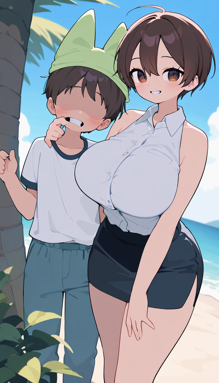 (gleaming skin:1.3), (mature woman, milf:1.3), blush, laughing, open mouth, A milf with black short hair, sky-blue eyes, wearing a white bikini, breast,standing, beach. arms behind back. nsfw, (some characters standing around, boy, young boy:1.5), 2boys, 1girl, extremely detailed CG, super detailed skin, perfect anatomy, dynamic lighting, beautiful detailed eyes, Top quality、Realistic、woman、milf 、Beautiful Eyes、Symmetrical eyes、A big smile、one eye closed, right eye closed, (Big breasts bigger than face、curvy body:1.2)、Short Hair、Black Hair、Iris、 (metallic white bikini:1.6), (gleaming skin:1.4)、standing、live stage, BREAK nsfw, young boy, (faceless male, Huge penis, big penis, veiny penis:1.4), censored, mosaic censorship, bar censor