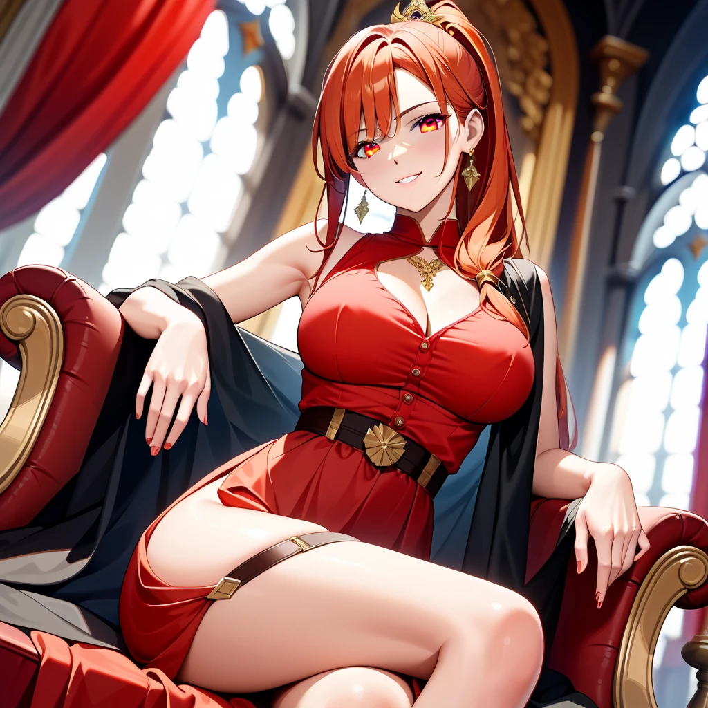 masterpiece, best quality,8k wallpaper, from below,nishikino maki, off shoulder jumpsuit, necklace,wrist band , purple eyes ,big breasts , sitting on throne, queen tiara, blushing , smile