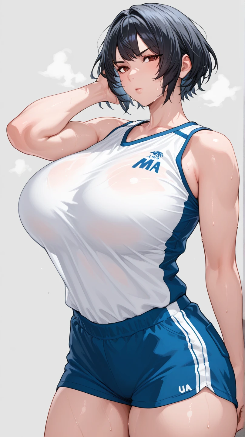 masterpiece, best quality, ultra-detailed, Potrait of beautiful , (chubby) (muscular), (plump), (sexly), (cleavage), (Breasts), (Plump), ((very short hair)), ((Uzaki Hana)), (overweight), (Gray Hair), ((Saggy breasts)), (blue eyes), (Short Hair), (blue eyes), ((thick)), (school uniform), (fullbody), (naughty smile), (Canine teeth visible)