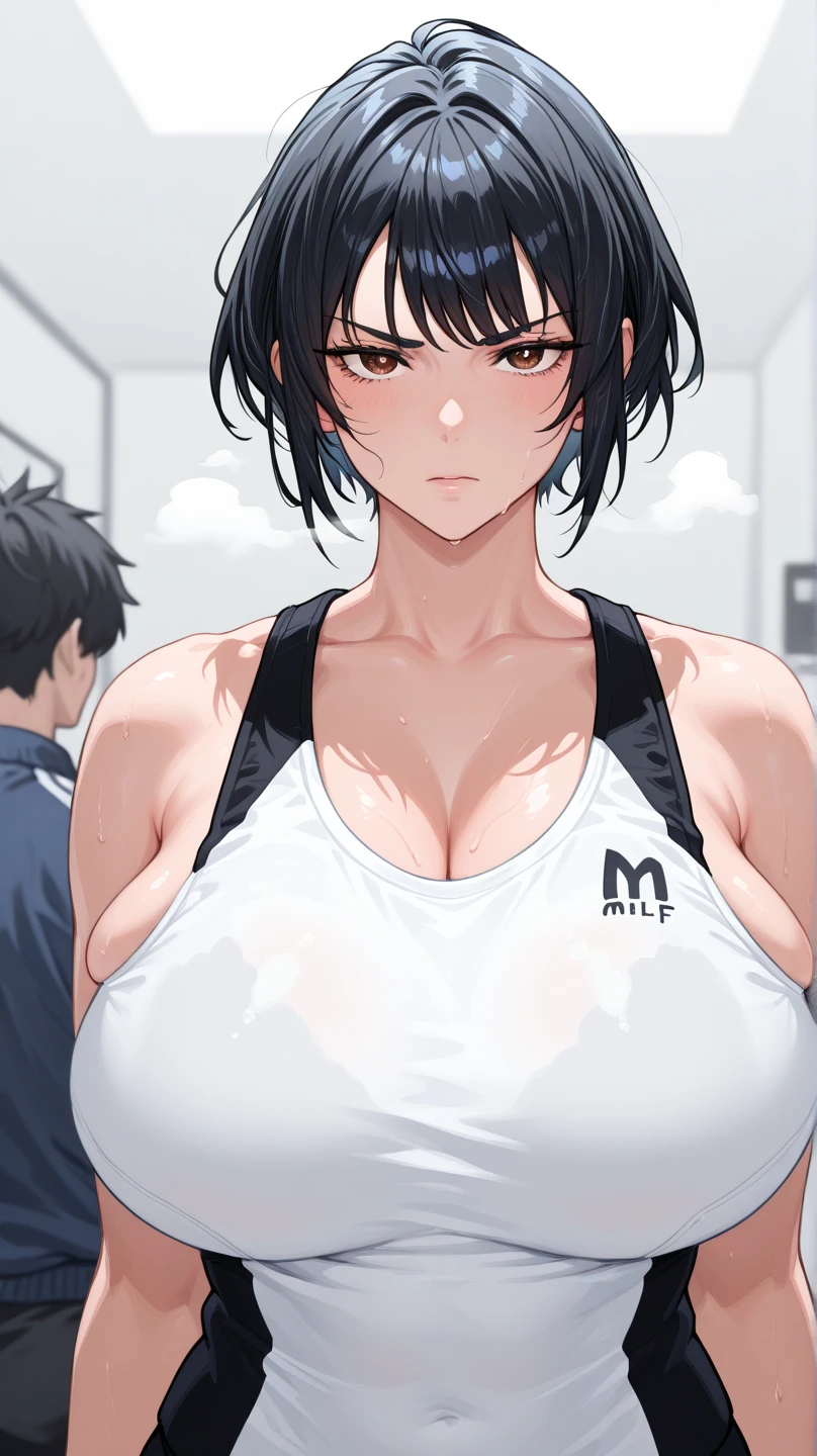 gym, girl working out, thick, flustered girl, girl with black hair, ponytail, hot girl, sweating, see thru, sweat, manga, manga pannels, panels, manga