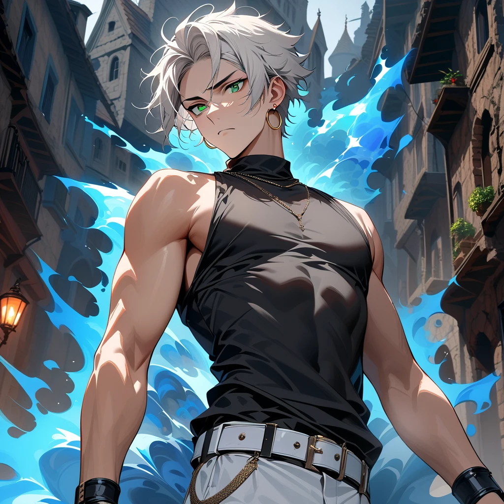 Tied up　Fight　masterpiece　juvenile　thin　male　Kneel　Raised arms　thin体　Embarrassing　Gray Hair　Orange Eyes　tights　Hair to shoulders　Electricity all around　Get wet　Big eyes　Hair falling over one eye　Swimwear　Are thin　Slender