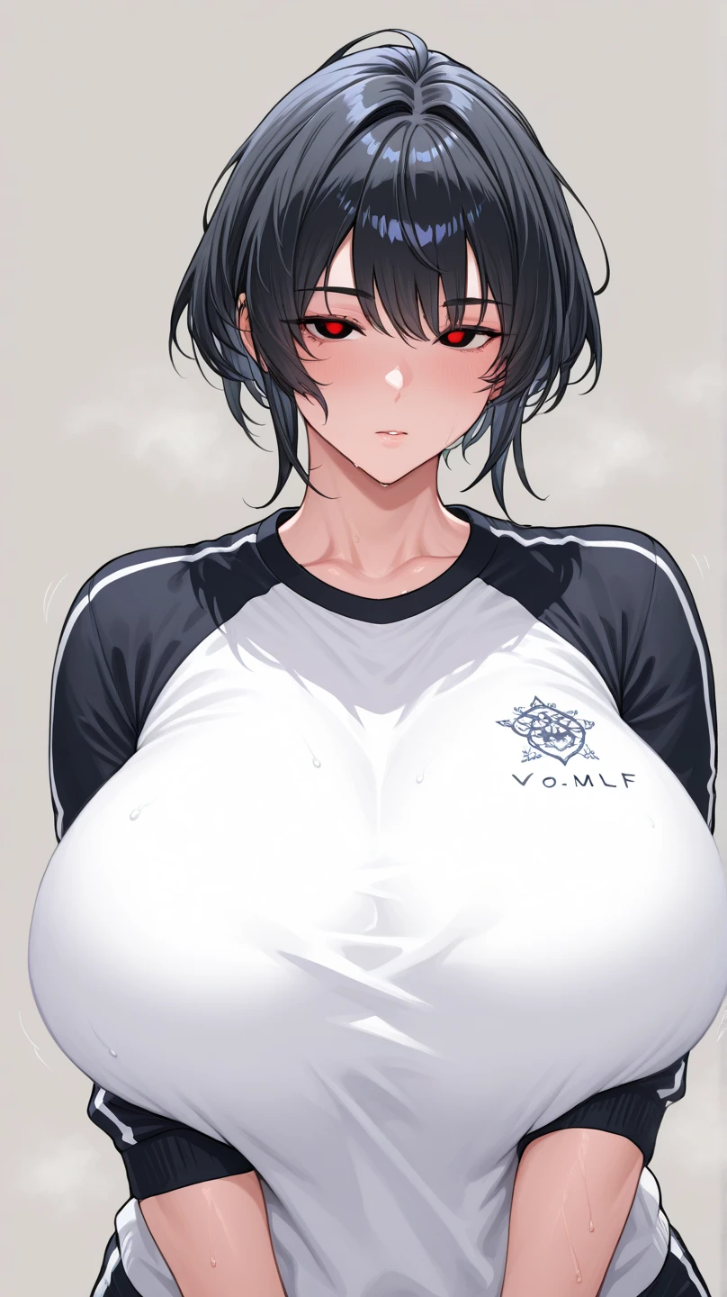 ((muscular)) girl huge breasts black hair yellow eyes pale girl tight tshirt embarrassed blush