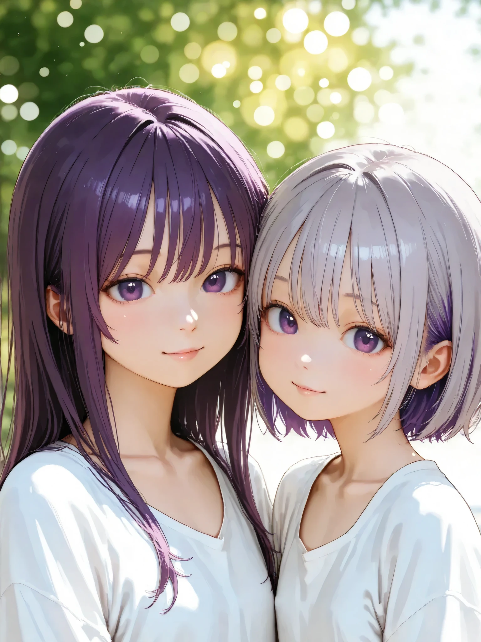 short girl, 2 girls,is young, flat chested,realisticな外観, big purple eyes, Two-tone purple hair and gray hair、white shirt、snuggle、Outdoors、細部にこだわったrealisticな影、movie stills, High Quality, realistic, 4K rendering, ultra-fine texture, PROFESSIONAL , bright color, Bokeh