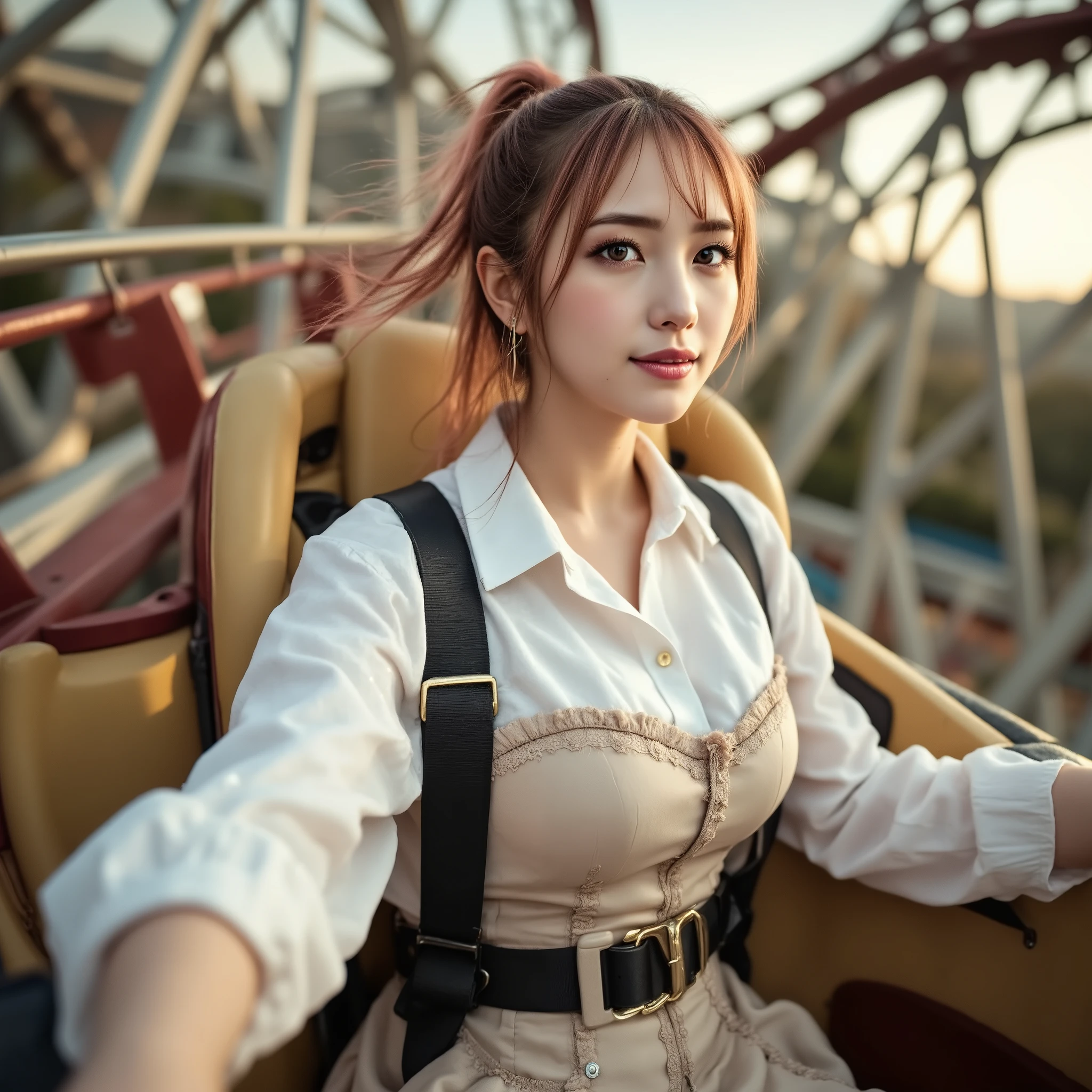 NSFW,pov,(extreme long shot),((Ride a roller coaster:1.5)) ,20years old, ((Grab the safety lever that is lowered to your shoulder)), seat belt , ((Hair fluttering in the wind)) ,high ponytail,(pink hair:1.5),((pink lips:1.0)),bangs,(an earrings) , ((brown eyes:1.5)), medium breasts , (beige bustle mini skirt), (white Shirt),(beige corset top),black stockings,(smile:1.0),textured skin,masterpiece
