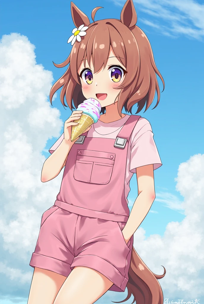 masterpiece,best quality, 1girl,alone,Urara-Chun,Coveralls,Shorts,Flower shaped pupil,change, Pink shirt ,holding ice cream,(horsetail:0.6),Smile ,with her mouth open,The cloudy, 