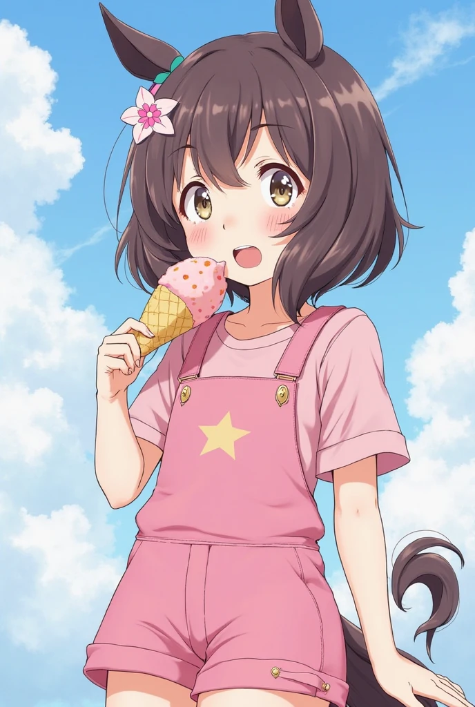 masterpiece,best quality, 1girl,alone,Urara-Chun,Coveralls,Shorts,Flower shaped pupil,change, Pink shirt ,holding ice cream,(horsetail:0.6),Smile ,with her mouth open,The cloudy,
