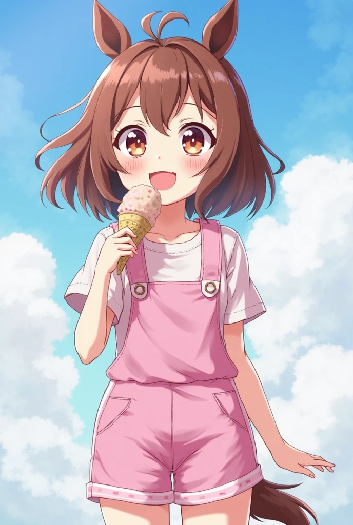 masterpiece,best quality, 1girl,alone,Urara-Chun,Coveralls,Shorts,Flower shaped pupil,change, Pink shirt ,holding ice cream,(horsetail:0.6),Smile ,with her mouth open,The cloudy,